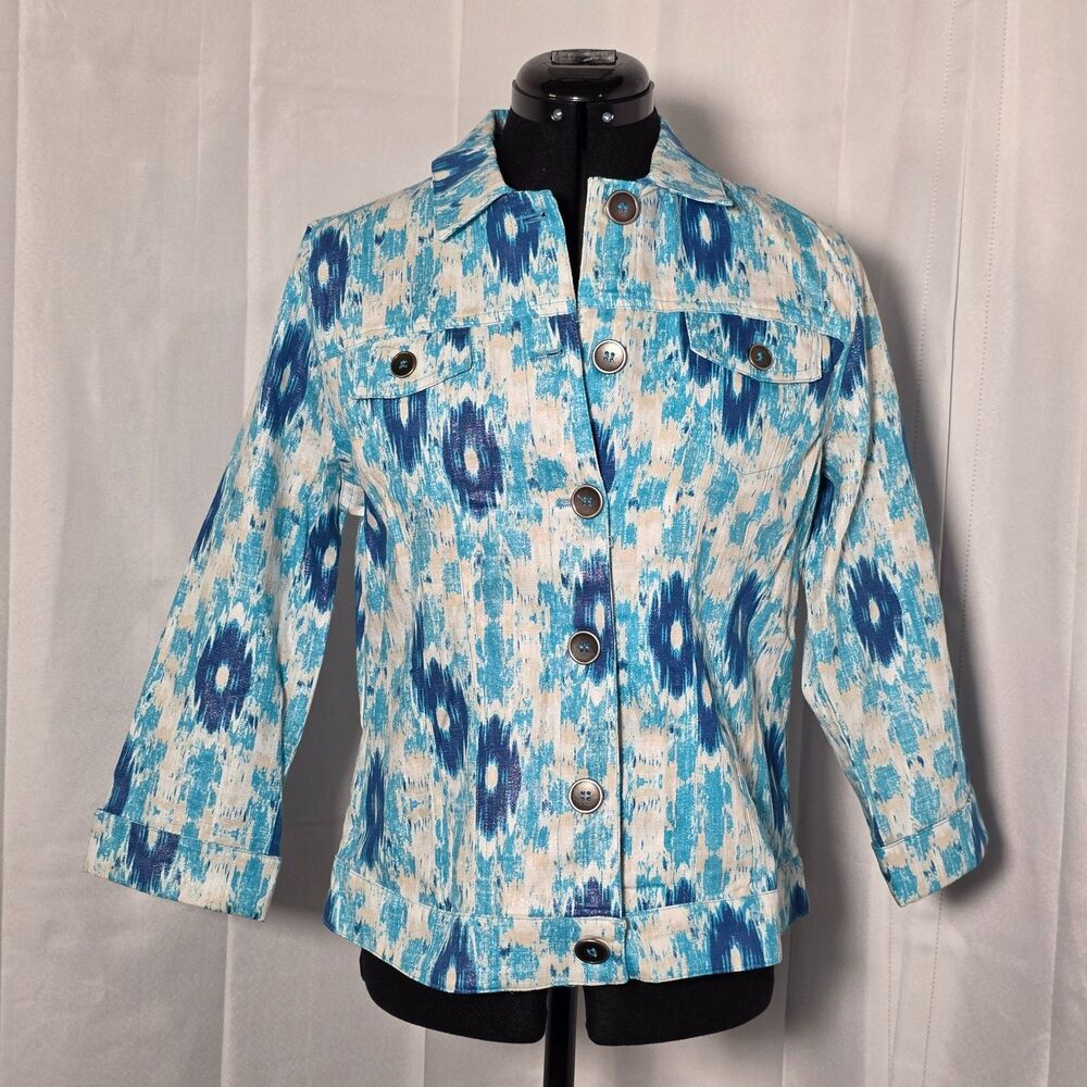 Peck & Peck Women’s Jacket 4 Blue White Abstract Button Front Linen Cotton NWT